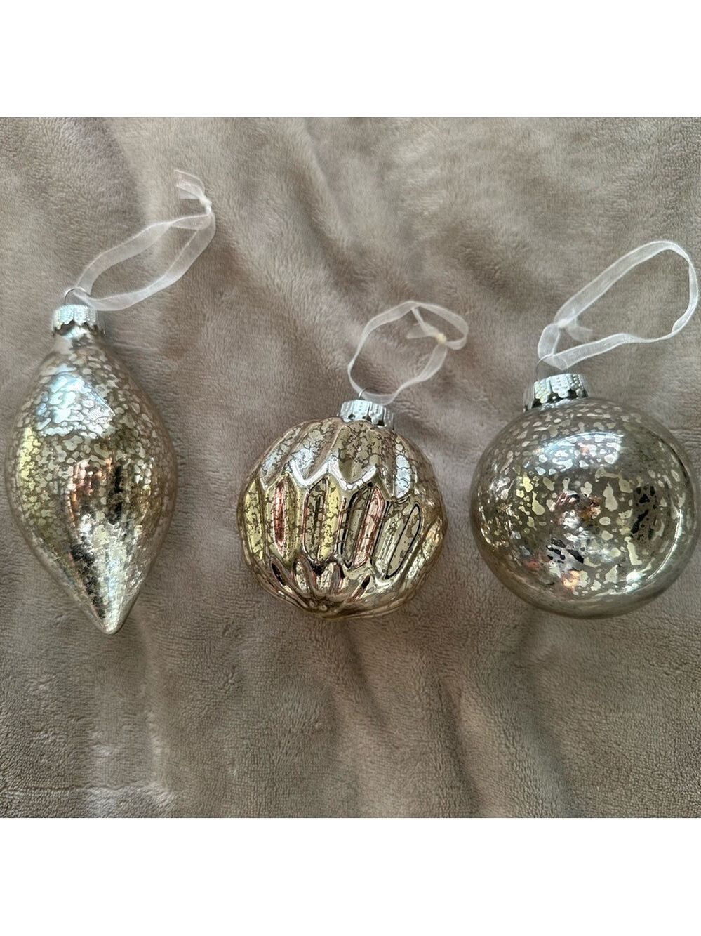Mercury Glass Silver Holiday Ornaments Set of 3